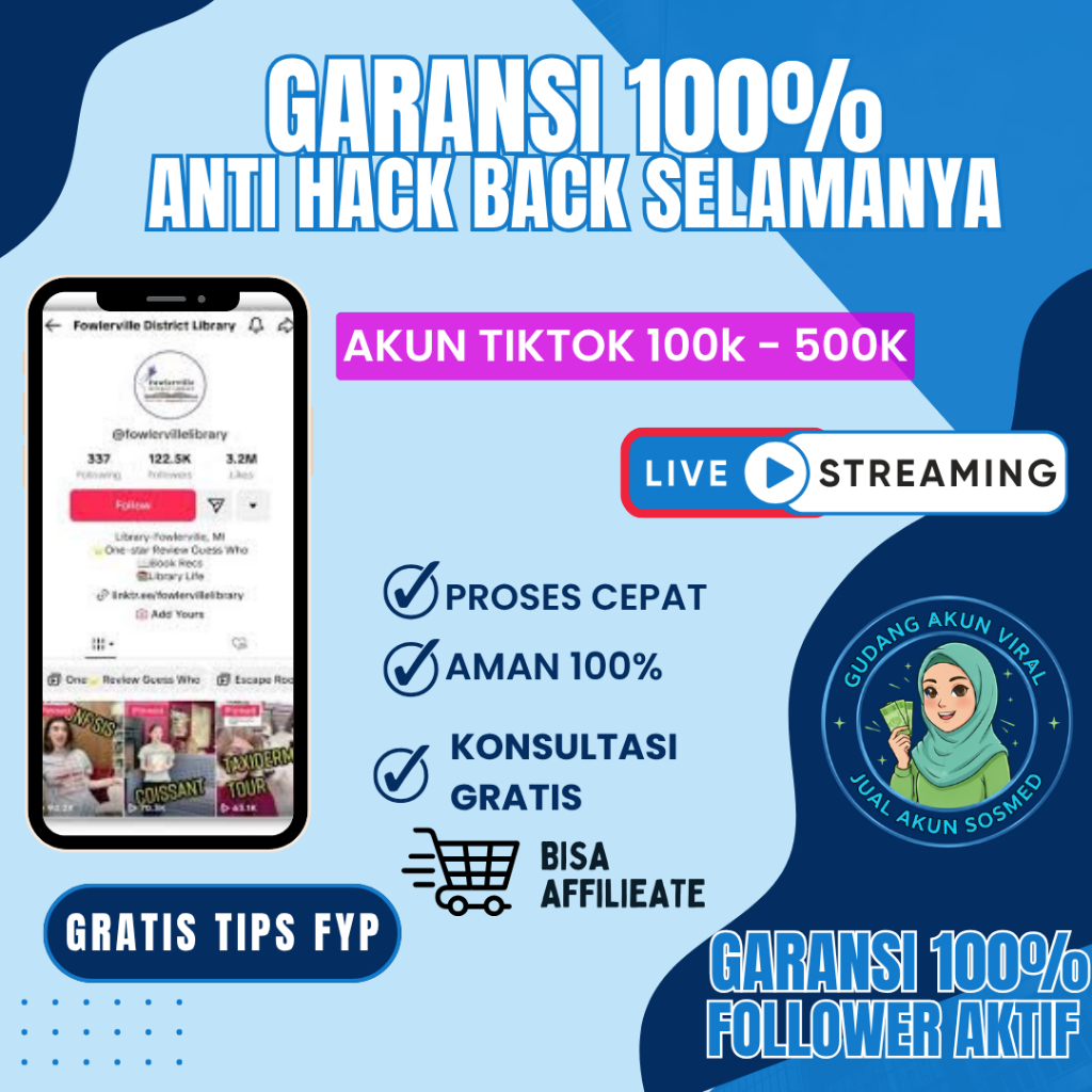 Akun Tiktok Follower 100.000  - 500.000 aktif Indonesia Hasil FYP bisa LIVE dan Affiliate