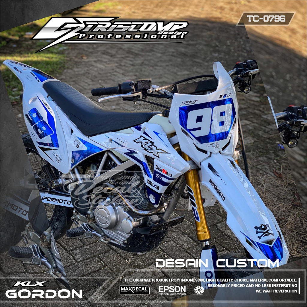 STICKER DECAL KLX GORDON MOTIFKEREN KOMBINASI LIST BIRU CANDY SILVER TIMBUL DECAL STIKER MOTOR KLX G