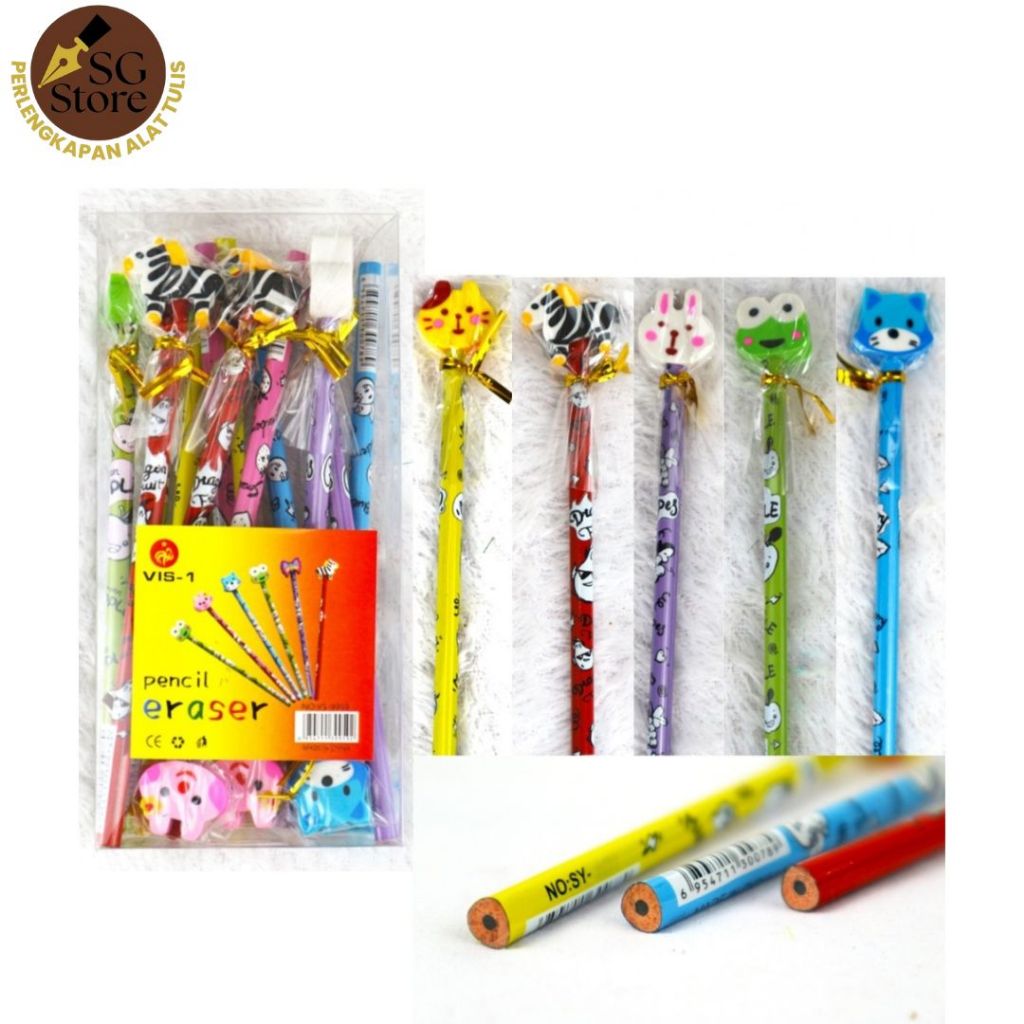 Pensil 2B + Penghapus / Alat Tulis Pensil dan Penghapus Karakter Lucu Anak / Pensil Gambar
