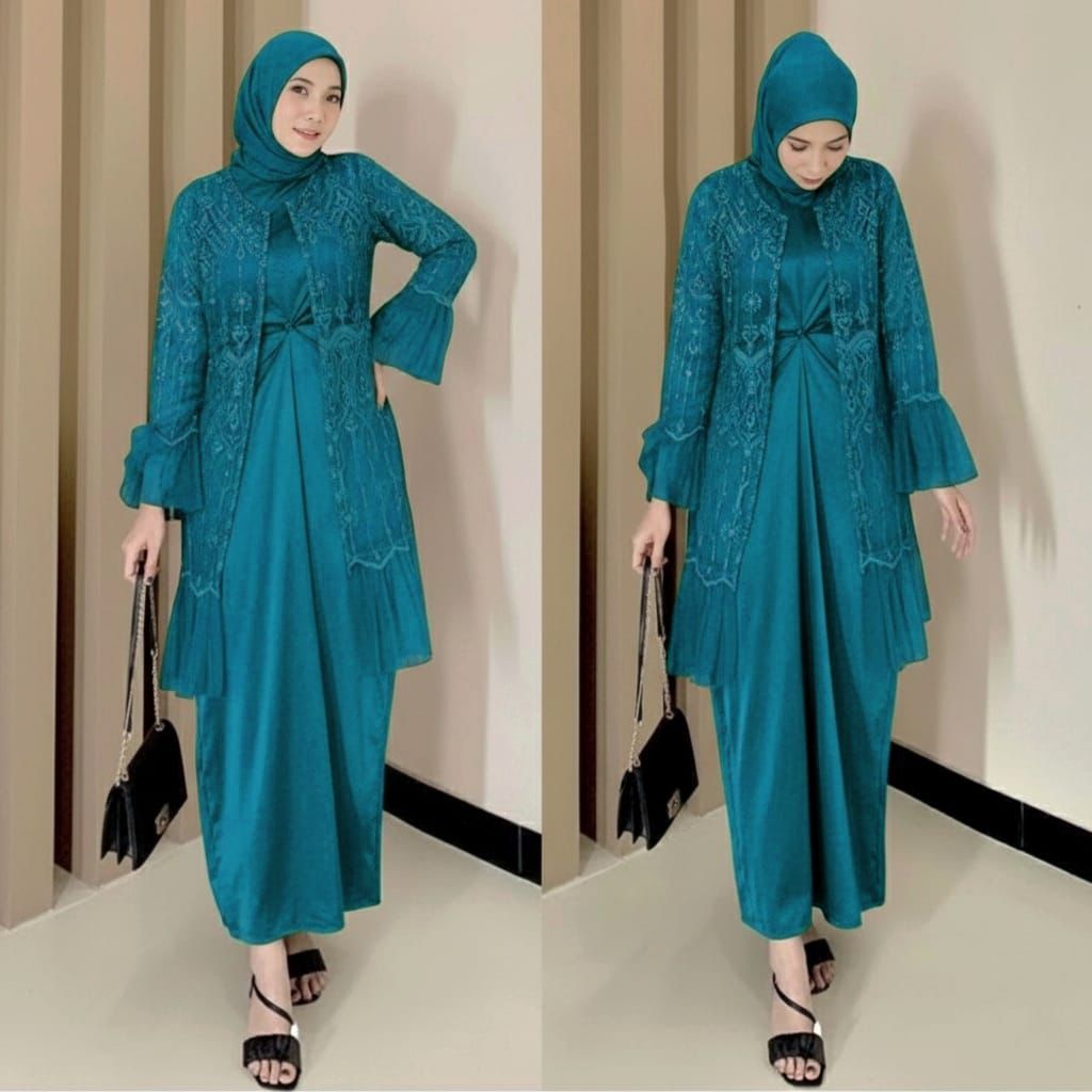 Gamis 2in1 brukat tile size M-XXL jumbo bigsize dress gamis muslimah cardigan Dalaman Maxi Mutiara P