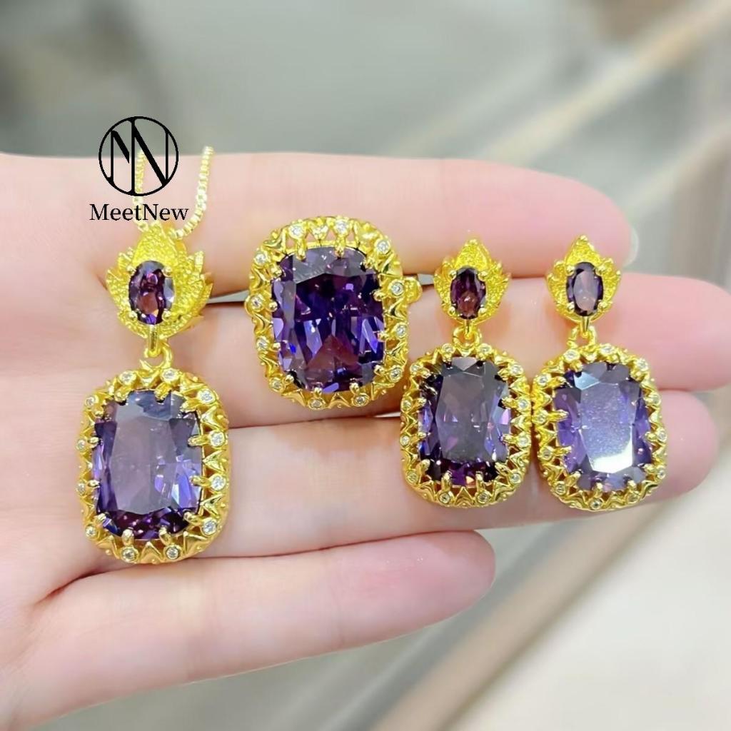 MNS20 Set Perhiasan Cincin Berlian Kuning Zirkon Ungu Baguette Api Berlian Anting Liontin Kalung Set