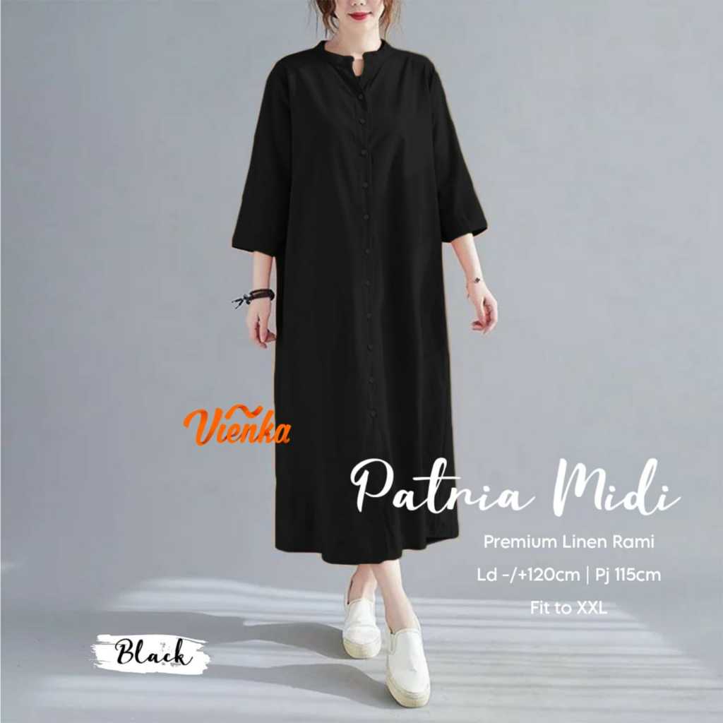 PATRINA MIDI DRES JUMBO LD 120 KATUN LINEN MOTIF POLOS TERBARU PAKAIAN WANITA BAJU DRESS LENGAN 7/8 