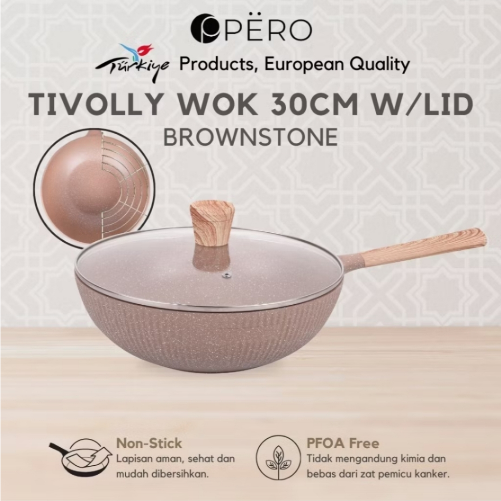 Pero Wok 30cm Dengan Tutup Kaca Free Peniris / Panci Penggorengan Granite Anti Lengket