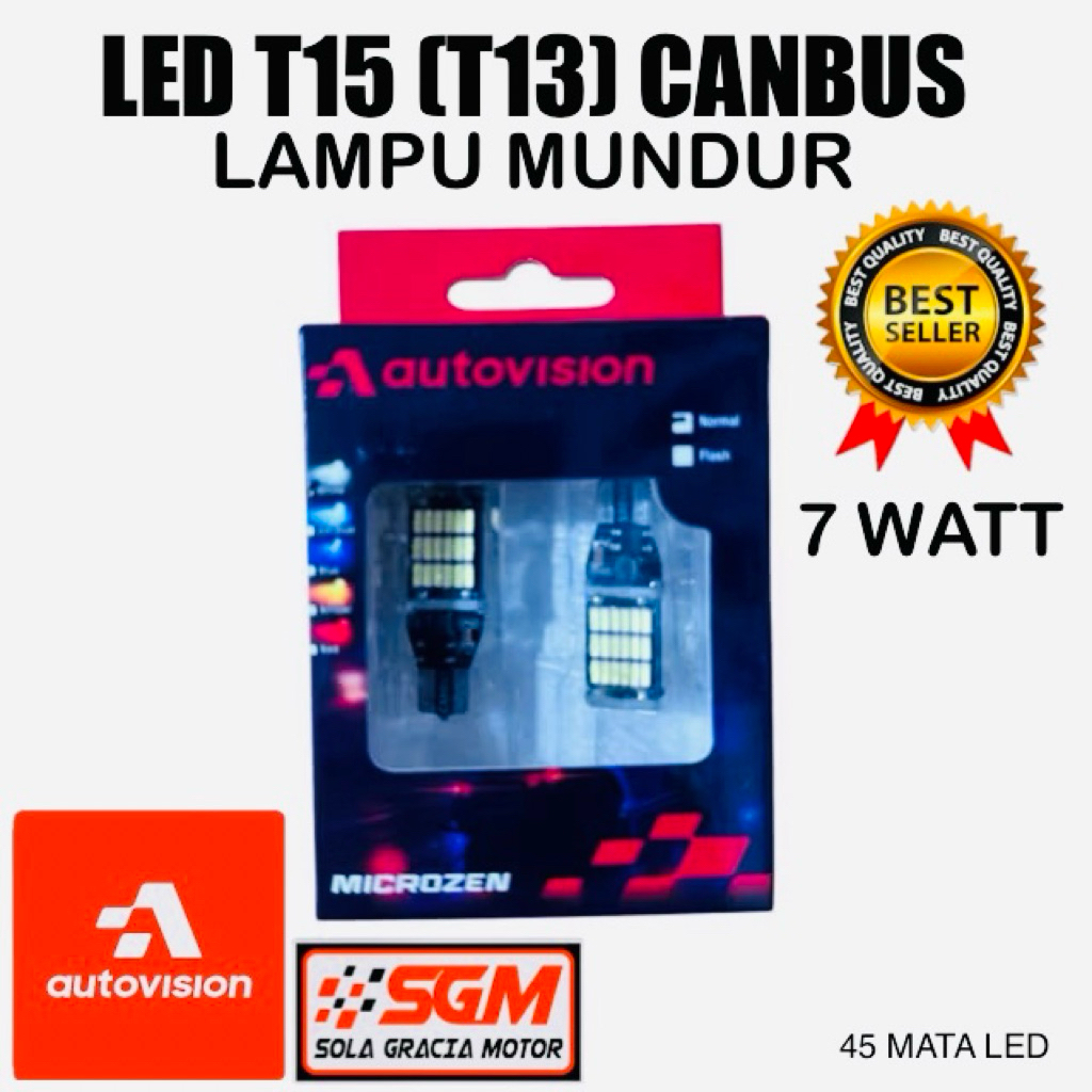Autovision Lampu Mundur LED T10 / T13 / T15 Putih 45 SMD 7 WATT.