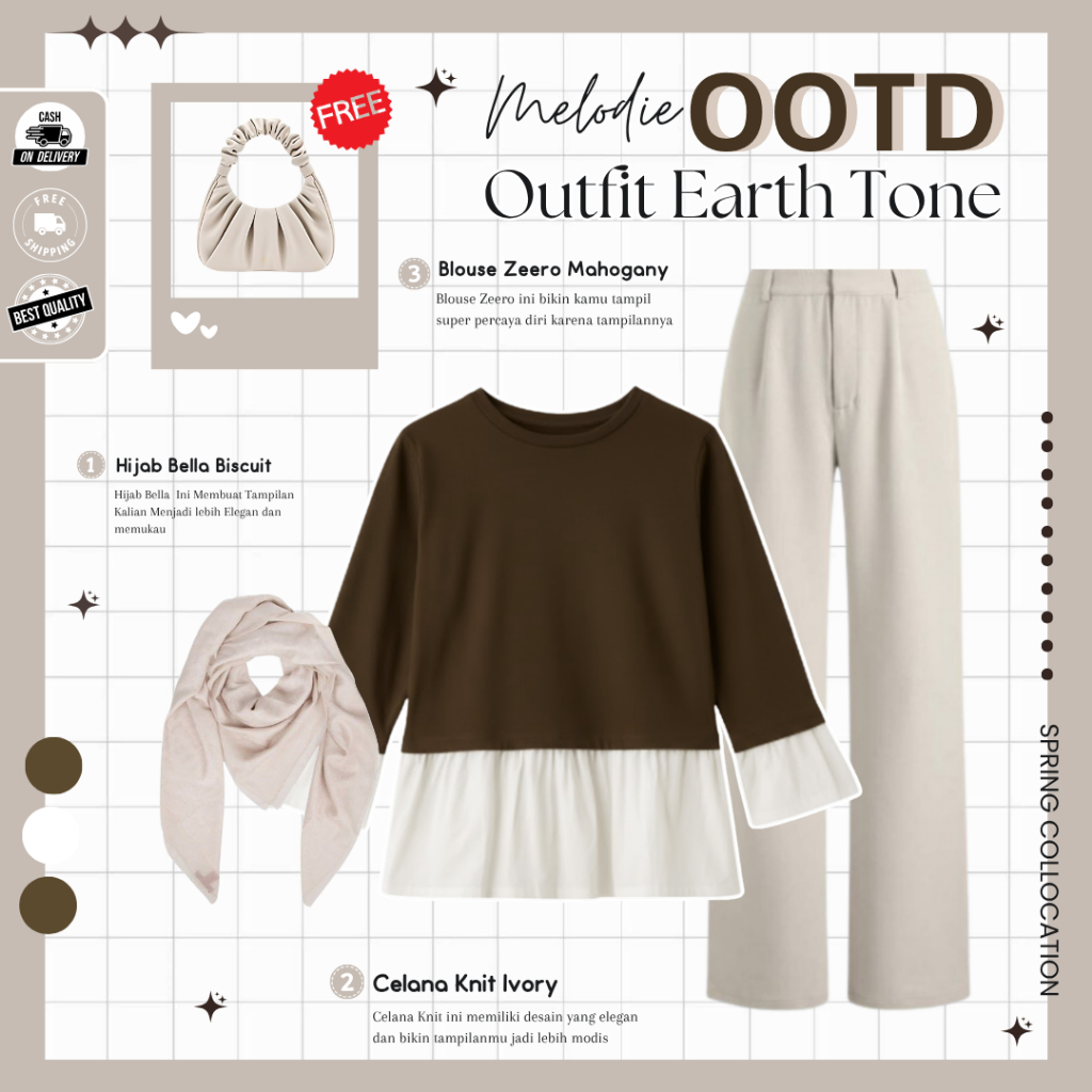 Naura One Set Wanita Kekinian  ( Hijab + Blouse + Celana ) Outfit Wanita Earth Tone - MO170