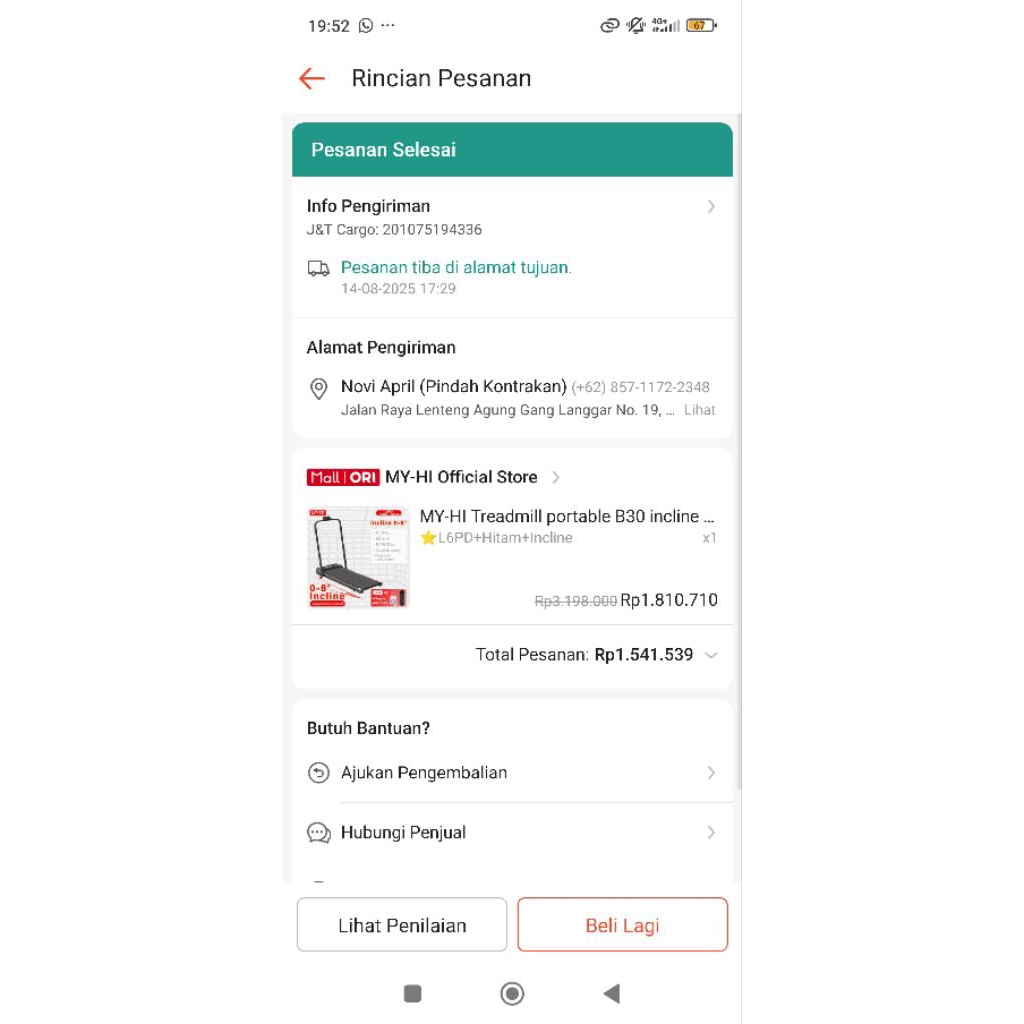Preloved MY HI treadmill portable Incline