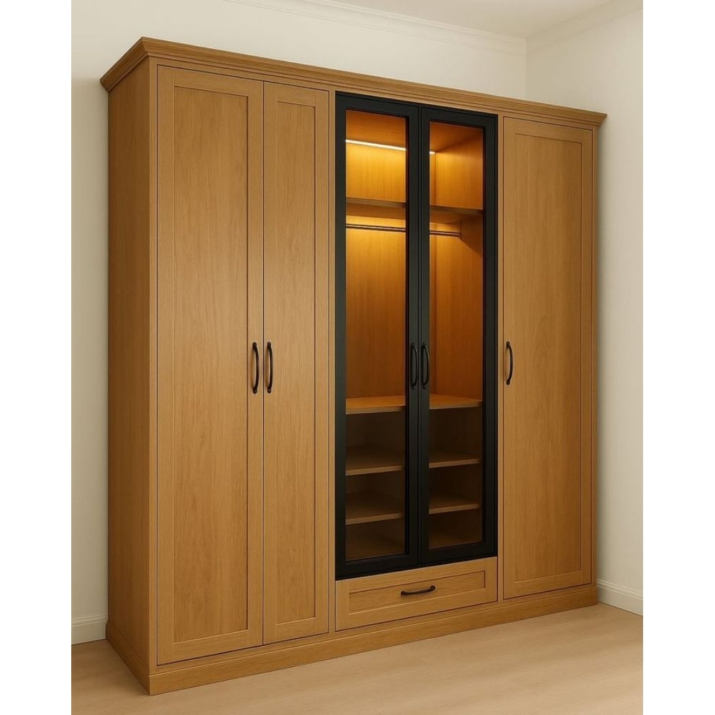 Lemari Kayu Jati 4 Pintu Kombinasi Kaca Hitam Modern
