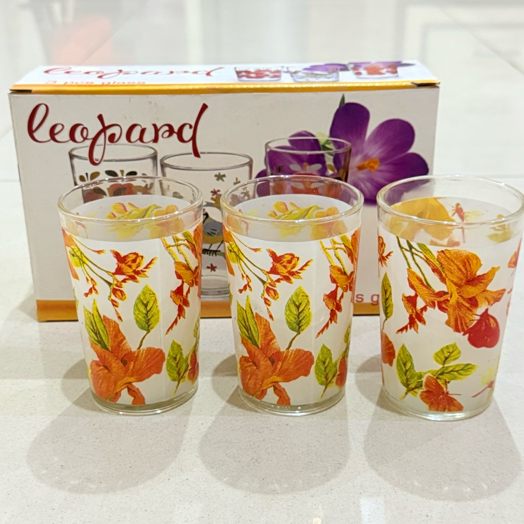Satu Set Gelas Kaca Printing Bunga Batik Stroberi isi 3 Leopard Gelas Cantik Mewah Murah Kado