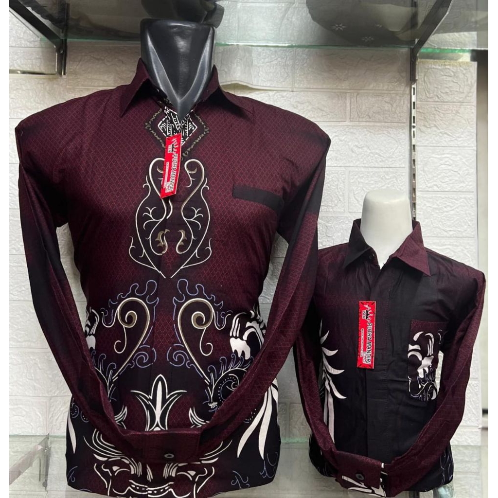 Grosir Batik Jakarta,Kemeja Baju Batik Couple Ayah Anak Premium Lengan Panjang Warna Merah Maroon Ko