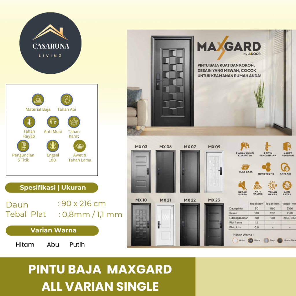 MAXGARD pintu baja utama, moderen, minimalis ukuran 90 x 216 cm. komplit set