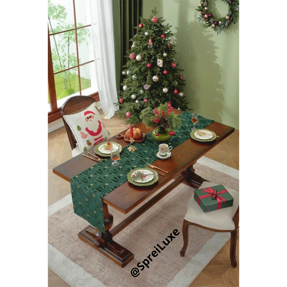 Table Runner Christmas Hijau – Taplak Meja Pohon Natal Dekorasi Ruang Tamu & Makan
