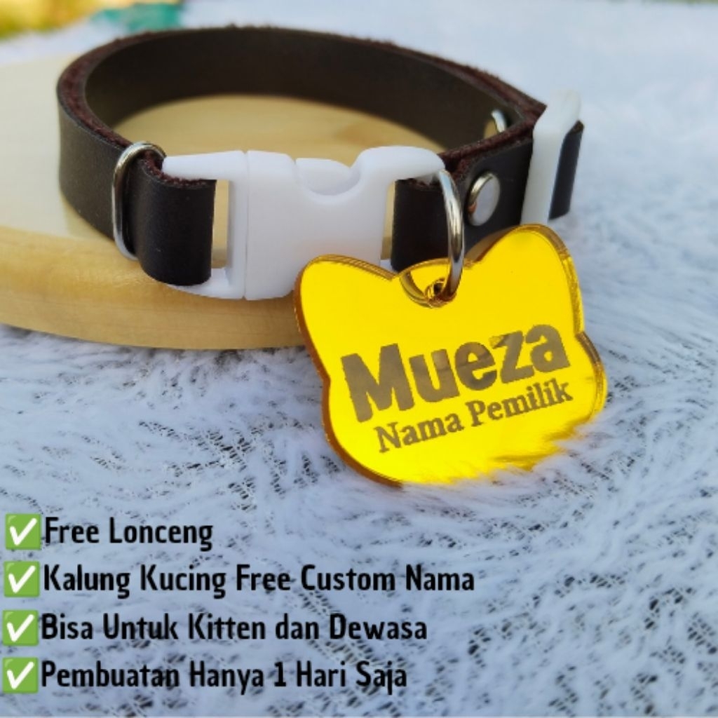 Kalung kucing custom nama bentuk kepala kucing gesper putih bahan liontin akrilik gold