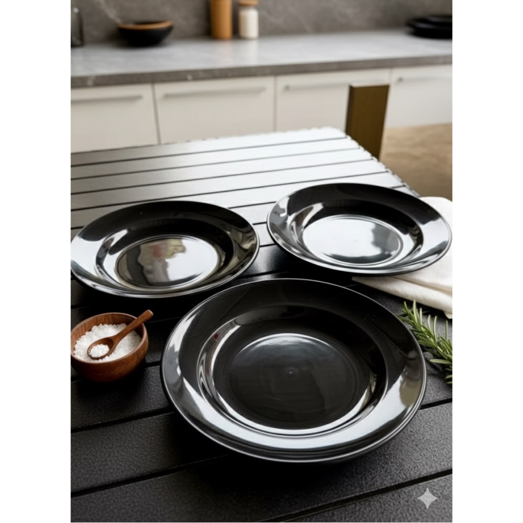 12 PCS PIRING MAKAN PLASTIK MELAMIN TEBAL WARNA HITAM - HOKI HOUSEWARE