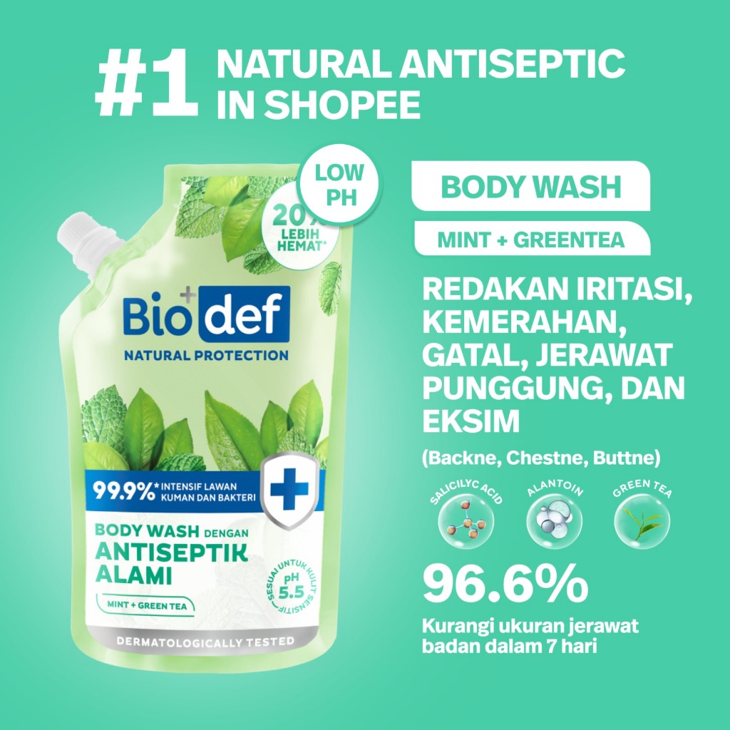 Biodef Natural Protection Mint - Green Tea Body Wash Refill 400 ml | Sabun Mandi Cair Antiseptik Ama