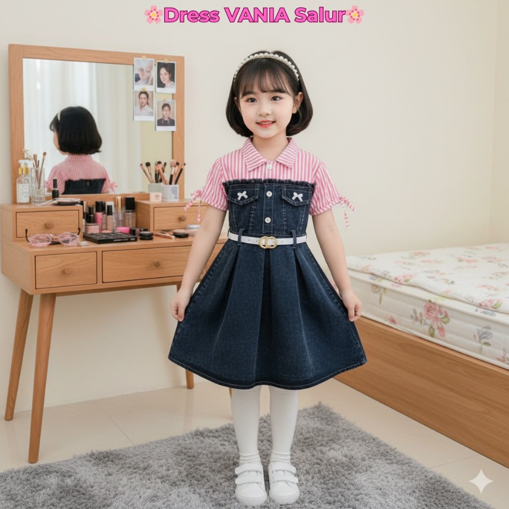 Dres VANIA Jeans Salur Anak 3 - 8 Tahun Jeans Wash Mix Katun salur Free belt Anak Perempuan  Import 
