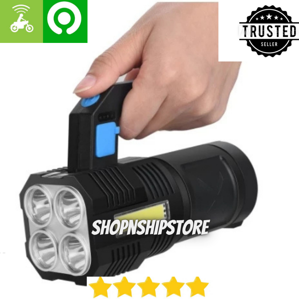 Senter LED 4 Mata Super Terang Rechargeable USB | Waterproof Lampu Tangan Outdoor & Emergency Rumah
