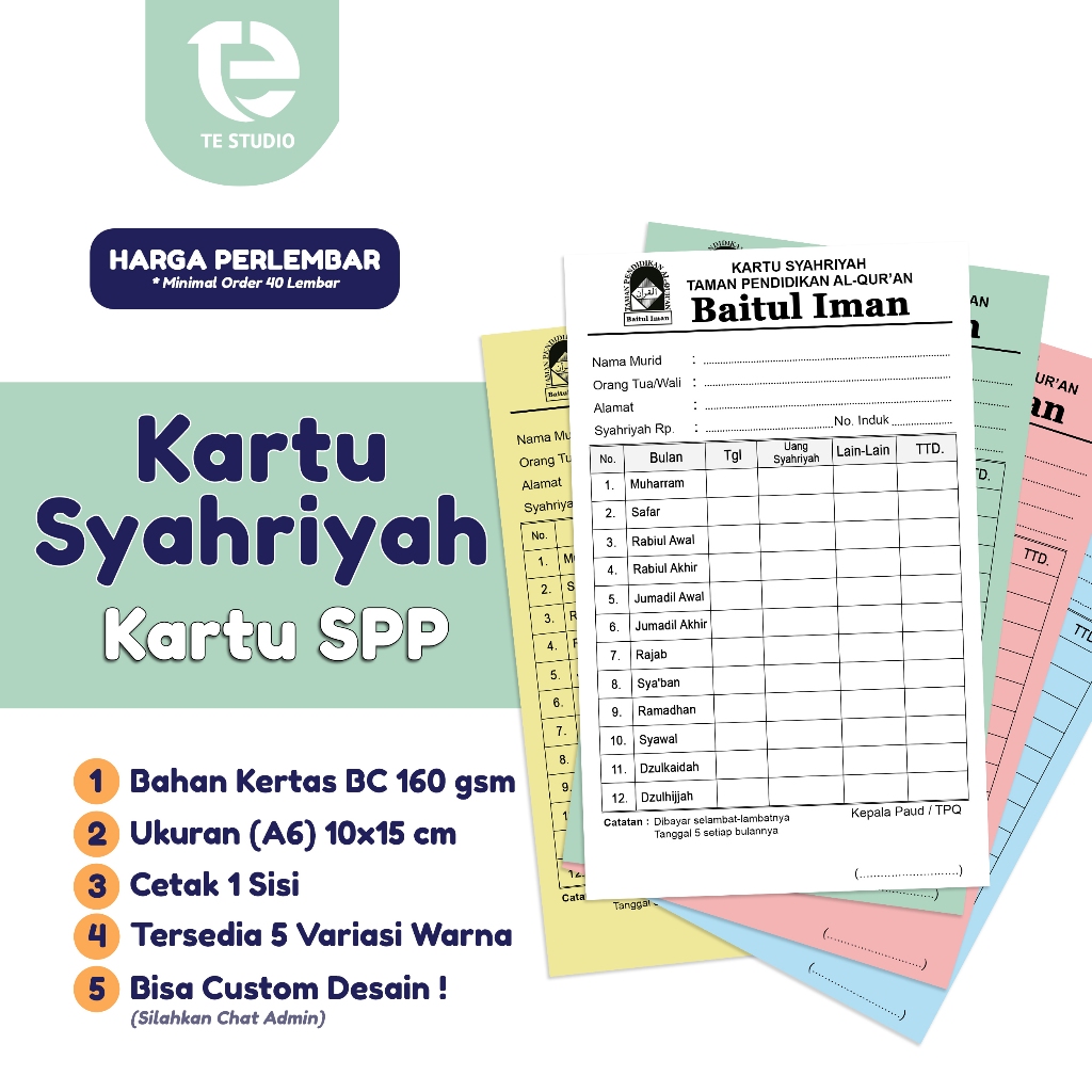 Kartu Syahriyah / Iuran / SPP / Infaq / TPQ Madrasah TK PAUD Bisa Custom Murah