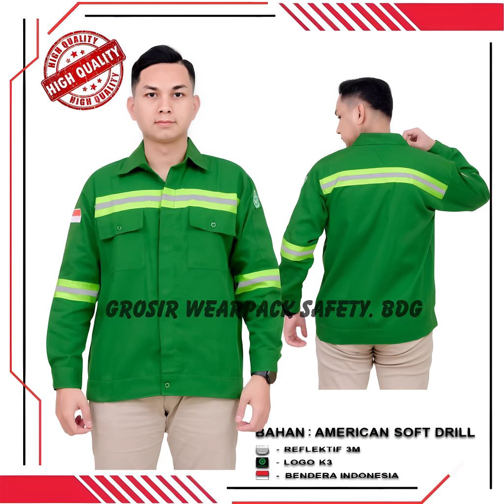 Kemeja Wearpack Safety Warna Hijau P3K Seragam Kerja Baju Atasan Lengan Panjang Lis Strip Hijau | Se