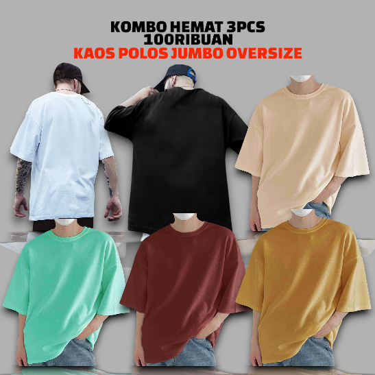 KOMBO 3PCS KAOS POLOS OVERSIZE 100RIBUAN/KAOS T-SHIRT PRIA /KAOS JUMBO DISTRO VIRAL TERPOPULER