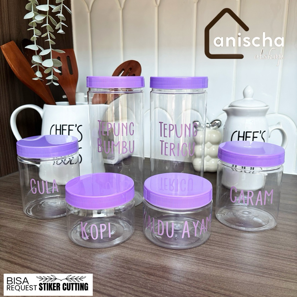 Toples Bumbu Dapur Toples Plastik Tutup Ungu Pastel Free Stiker Label Cutting Ungu