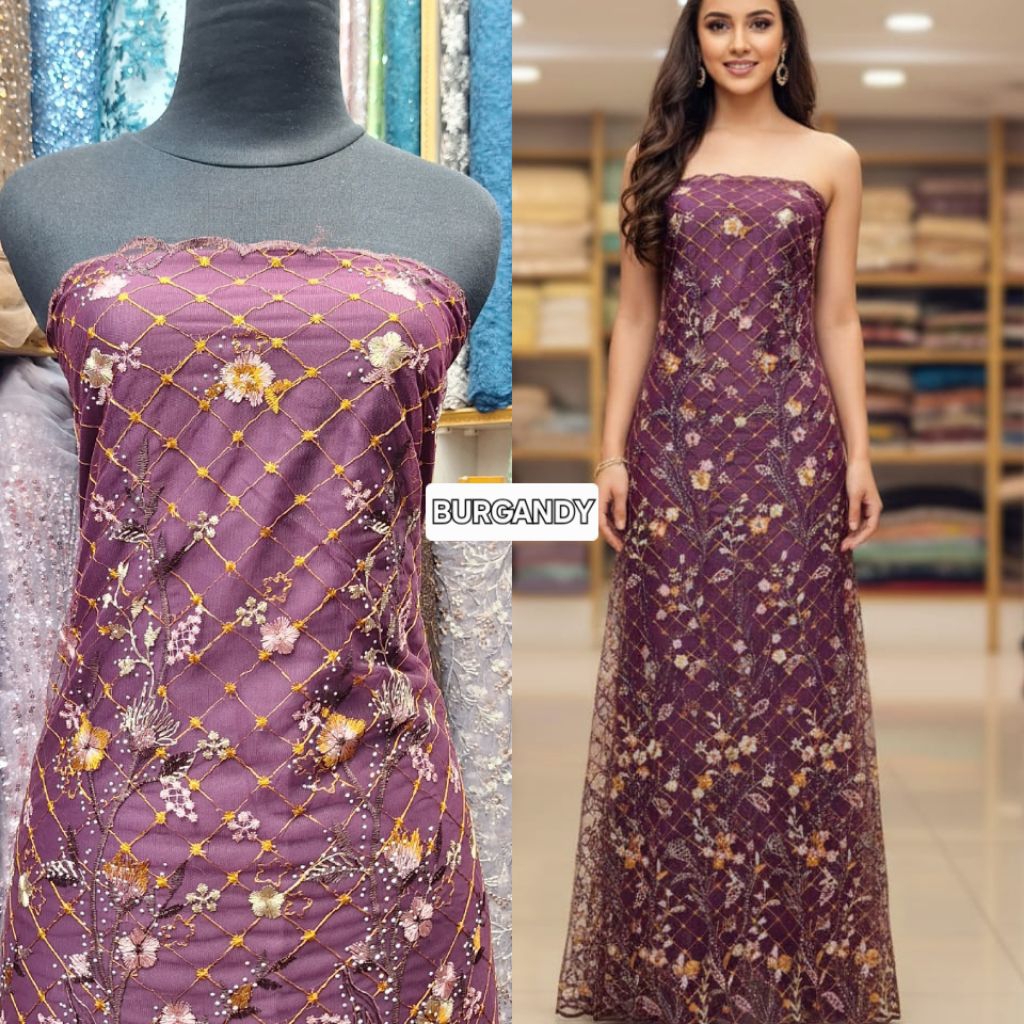 Kain tile bordir payet diamond motif bunga kotak /Kain tile kebaya wanita