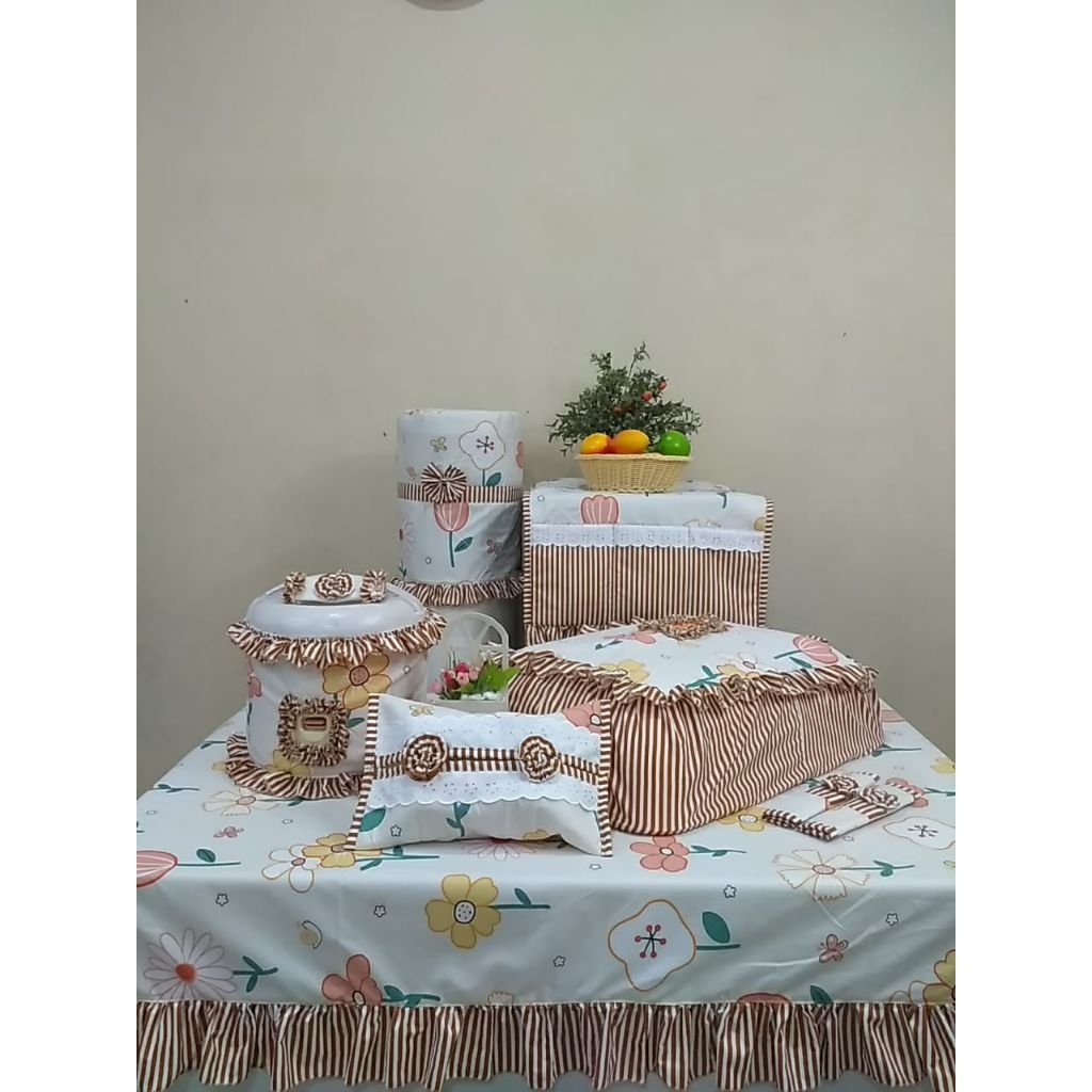 Home Set PAKET COVER KITCHEN SET Taplak Meja Makan, Cover Tudung Saji, Cover Galon, Cover Kulkas