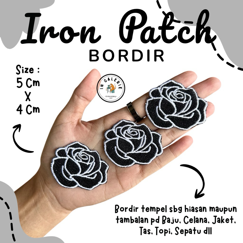 ( SDH ADA LEM TINGGAL SETRIKA ) EMBLEM BORDIR MAWAR HITAM IRON PATCH ROSE BLACK PATCH IRON EMBLEM BO