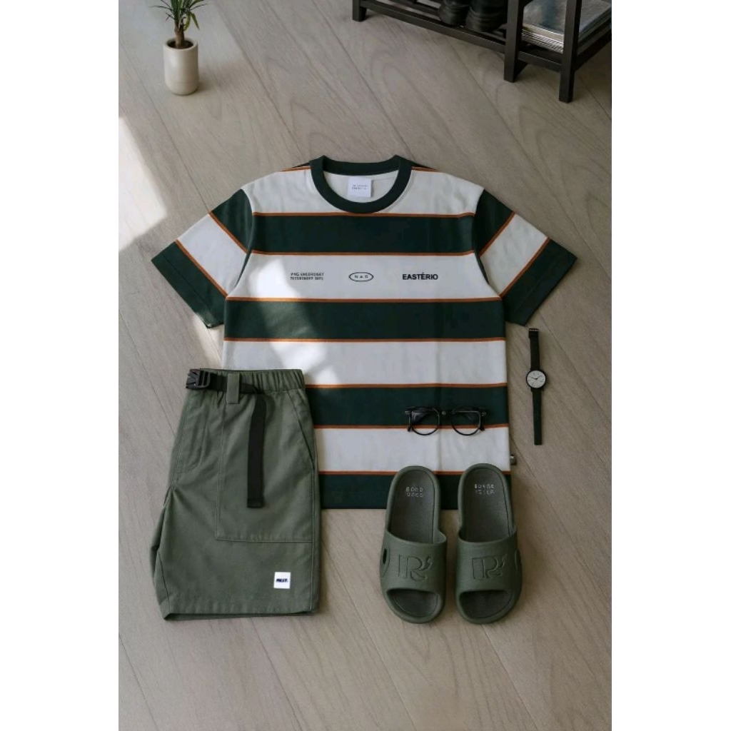 Easternwood Rugby Shirt  Lengan pendek Polo Shirt Polo Lengan Pendek Strip white Green