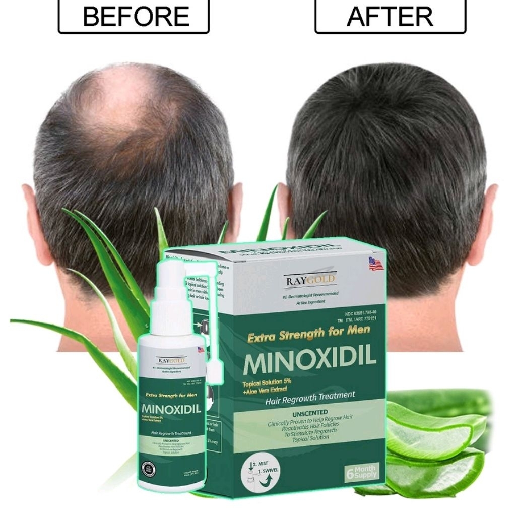MINOXIDIL 5% penumbuh rambut & brewok with Aloe Vera for MEN made in USA - RAYGOLD - MINOX MINOKSIDI
