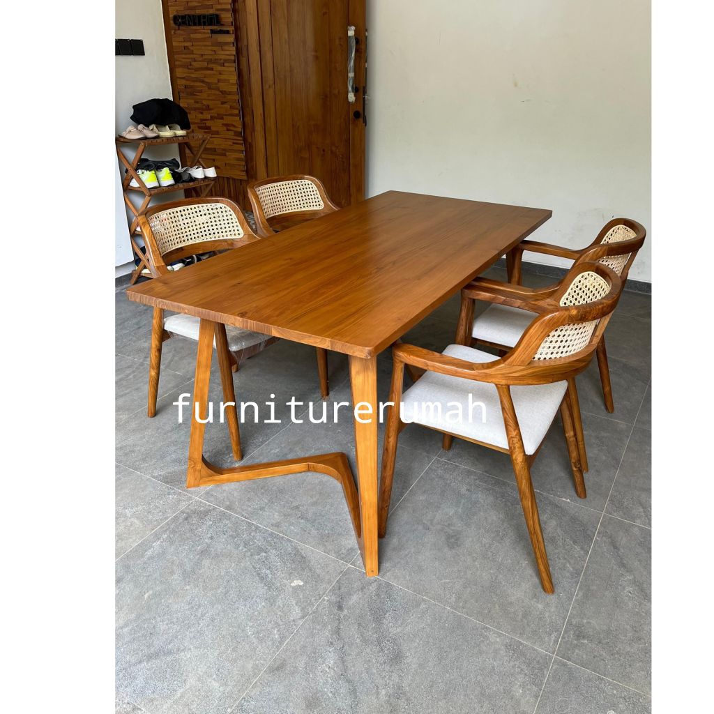 set meja makan 4 kursi rotan kayu jati, meja makan 4 kursi rotan kayu jati