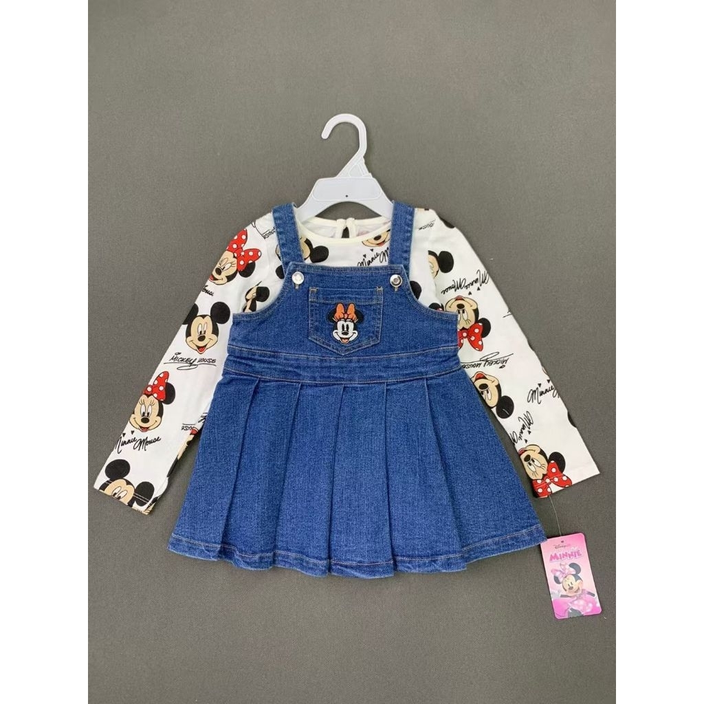 Baju anak perempuan overall atau baju kodok model rok motif minnie lengan panjang bahan jeans usia 1