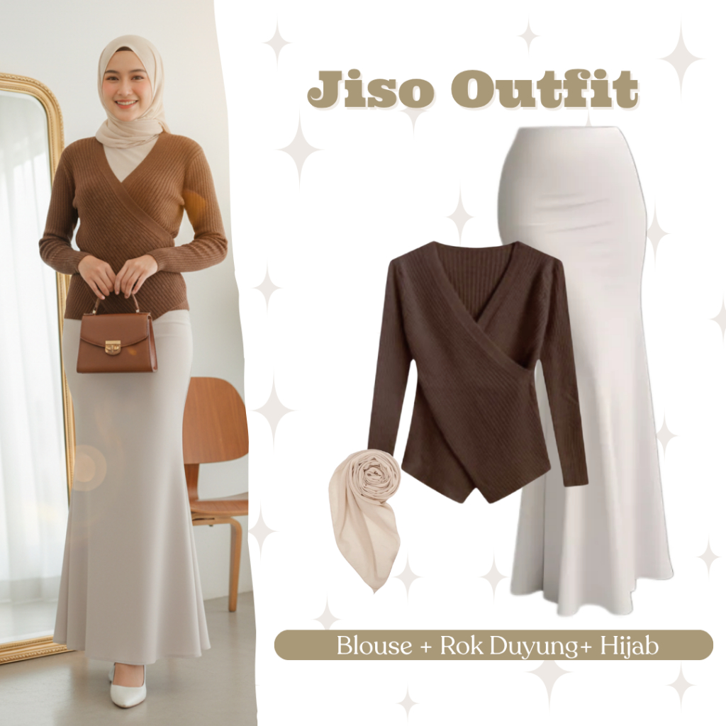 Jiso Outfit | Setelan Wanita Kekinian | OOTD Set Blouse + Rok + Hijab | Outfit Set Elegan Murah BW45