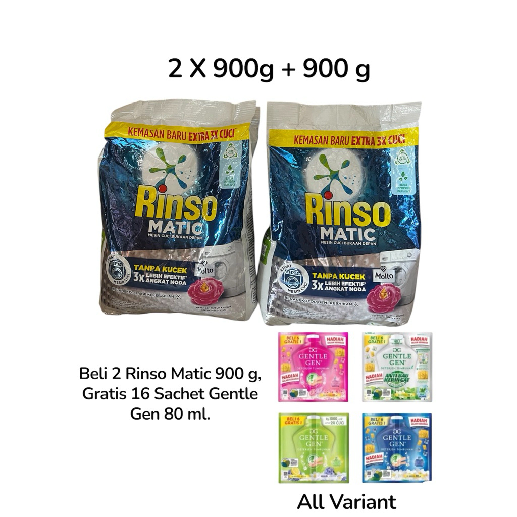 Beli 2 Rinso Matic 900g. GRATIS 16 Saset Gentle gen sama piring cnrik all varian