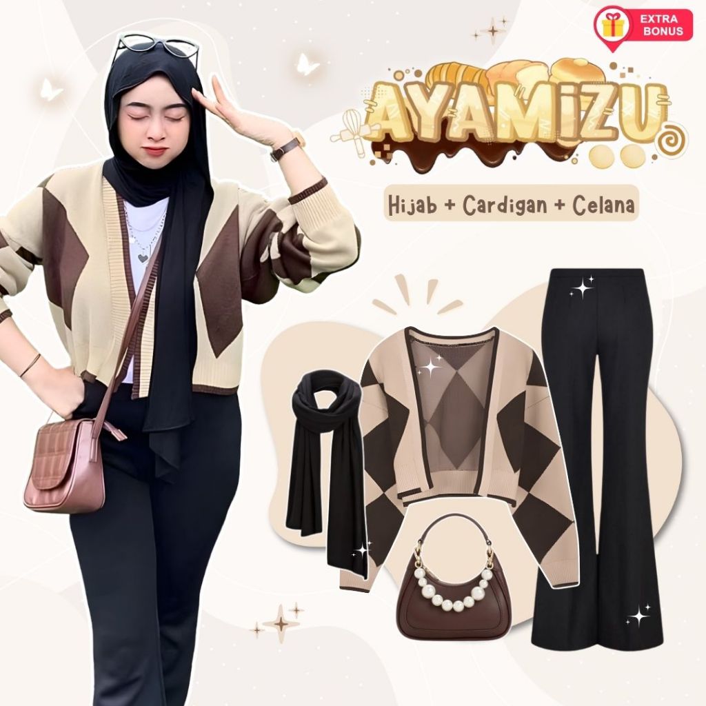 oneset 3in1 cardigan abstrak diamond + celana cutbray + hijab pasmina jersey | ootd outfit cewek wan