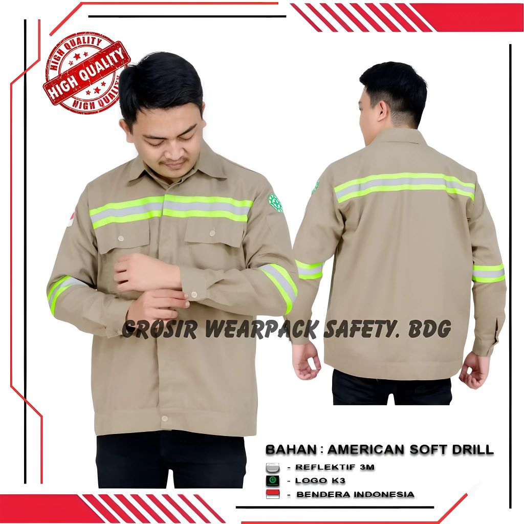 Kemeja Wearpack Safety Warna Khaki Seragam Kerja Baju Atasan Lengan Panjang Lis Strip Hijau | Seraga