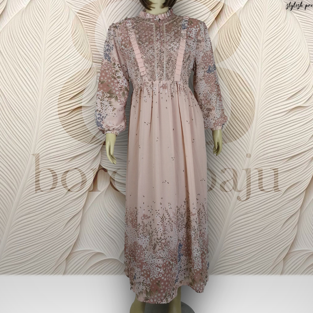 Baju Muslim Gamis Motif Bunga Pinggang Karet Lengan Balon Resleting Depan GMS06 Wanita Dewasa Panjan