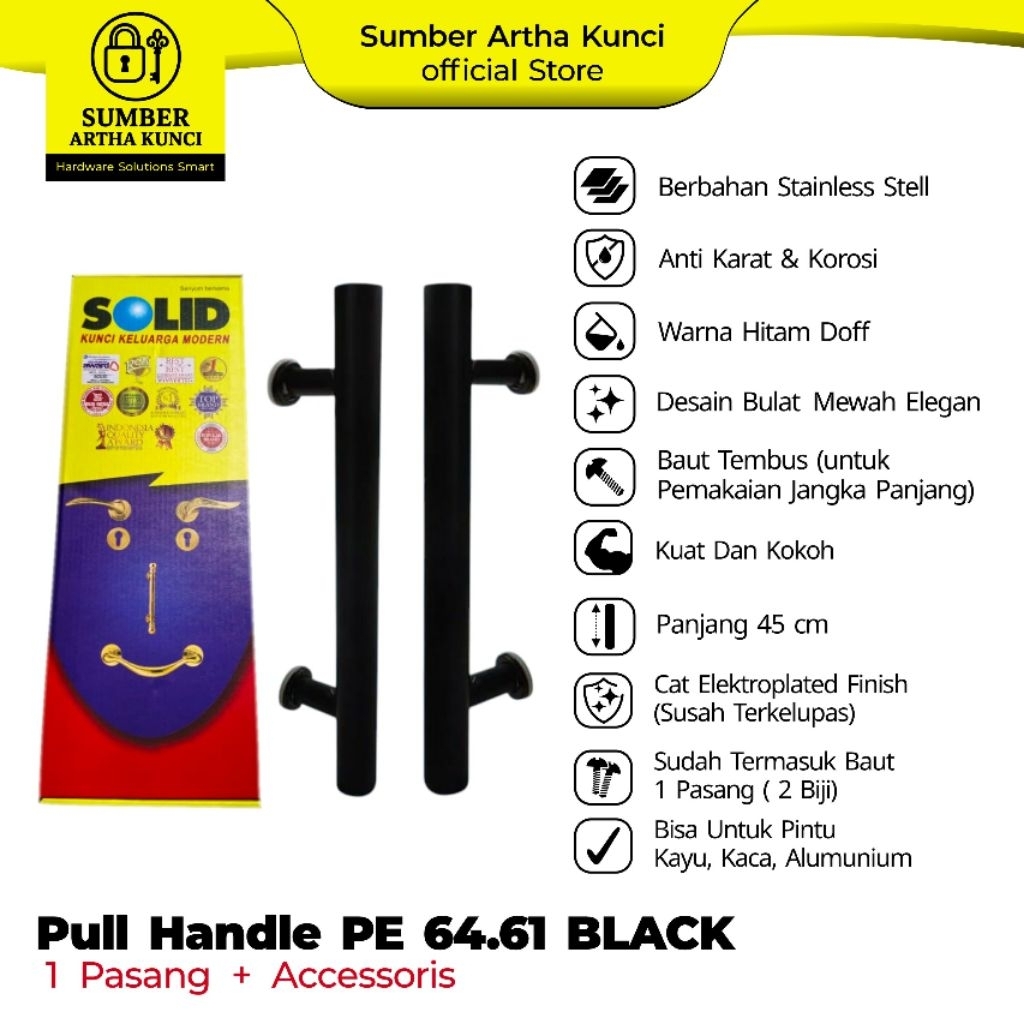 Solid PRE 64.61 BL/Gagang Pintu Hitam/Pull Handle Bulat Hitam 45 cm