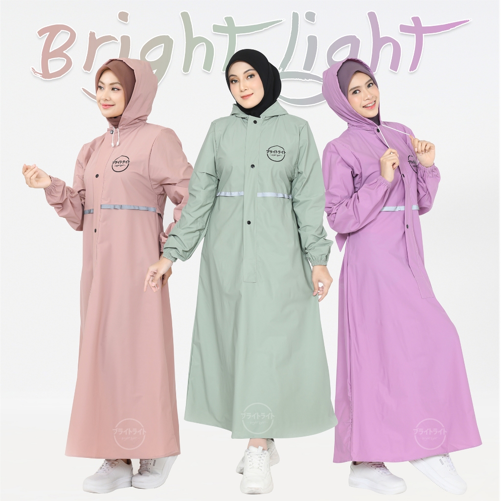 Mantel Hujan Gamis Syar'i BRIGHT LIGHT Original - Setelan Baju Celana - Bahan Pvc 0.25 Karet Elastis
