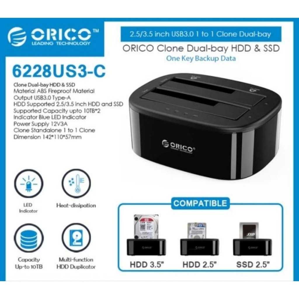 Orico 6228US3 HDD SSD Hard Drive Docking Station 2bay Hardisk 6228