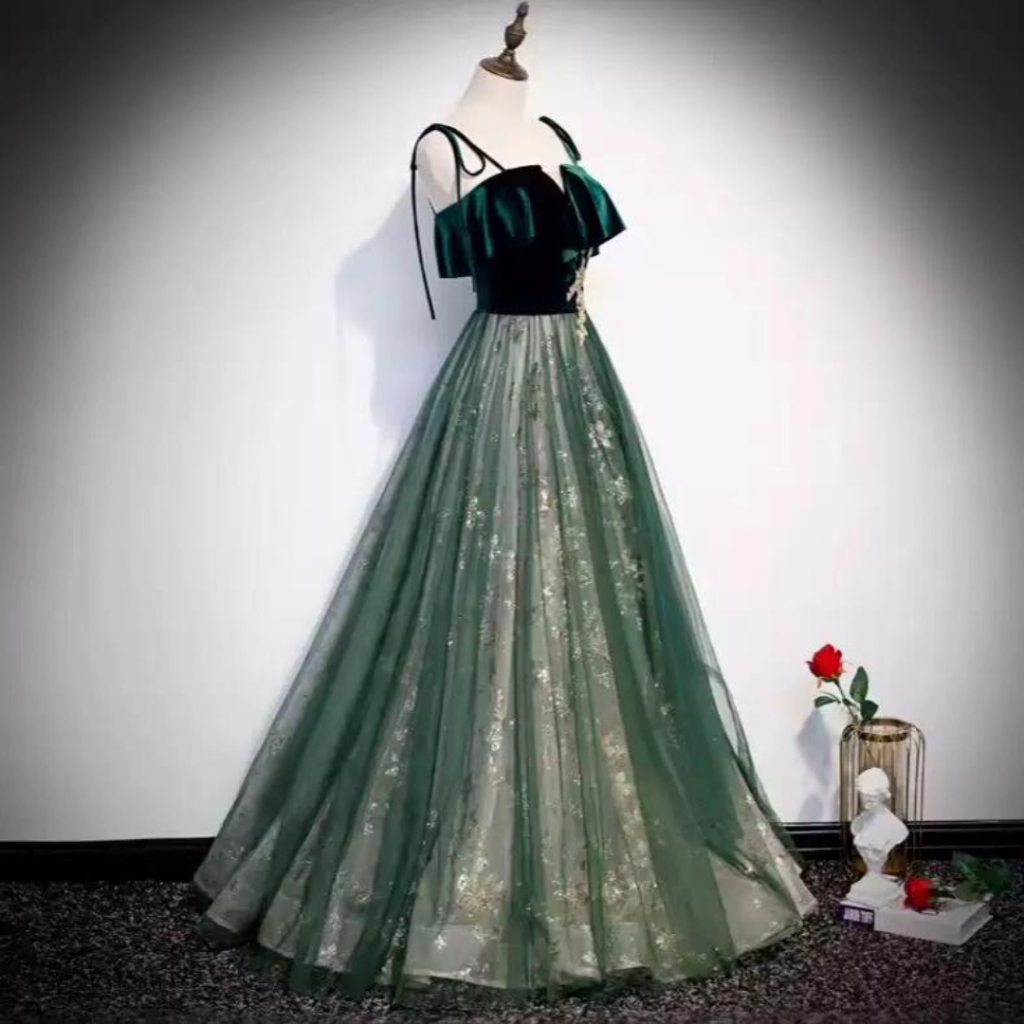 DRESS GREEN EMERALD LUXURY GLAMOUR COSTUME PROM PARTY / Gaun Malam Wanita 2024 Rok Panjang Renda/ Dr