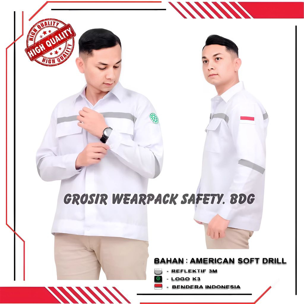 Kemeja Wearpack Safety Warna Putih Seragam Kerja Baju Atasan Lengan Panjang Lis Strip Abu | Seragam 