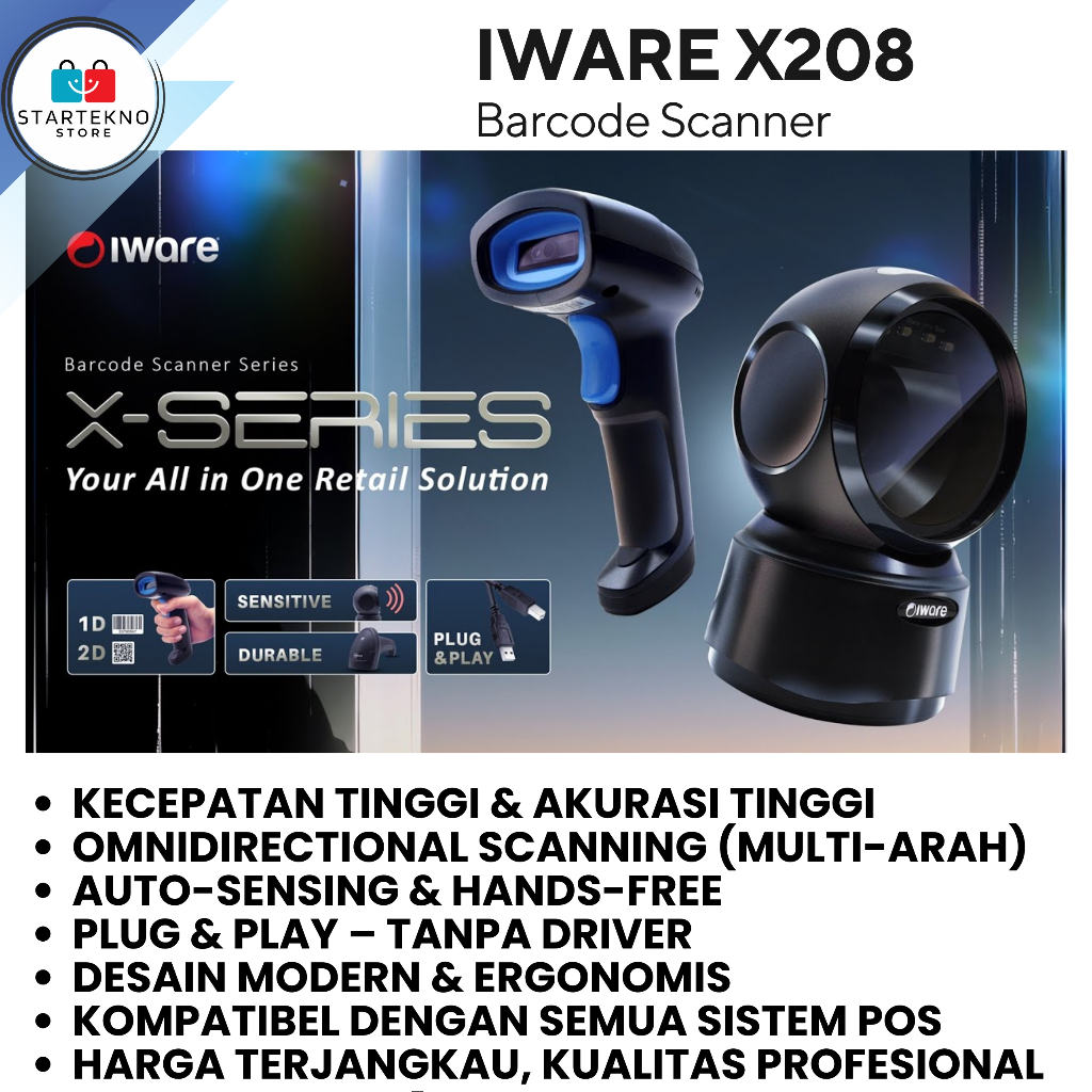 IWARE X208 OMNI Barcode Scanner – Pembaca Barcode 1D 2D QR Code Otomatis | USB & Stand Holder