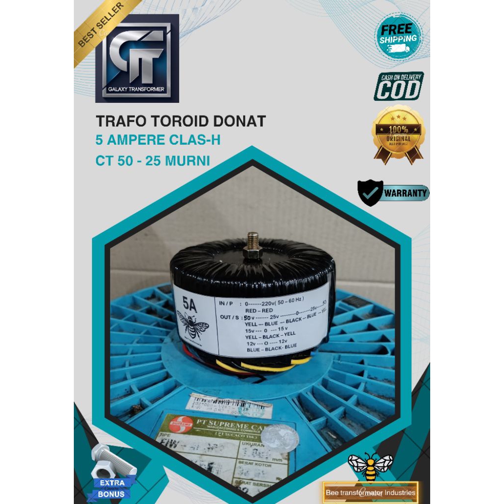 trafo toroid donat 5A CLASA H CT 50V - 25V murni