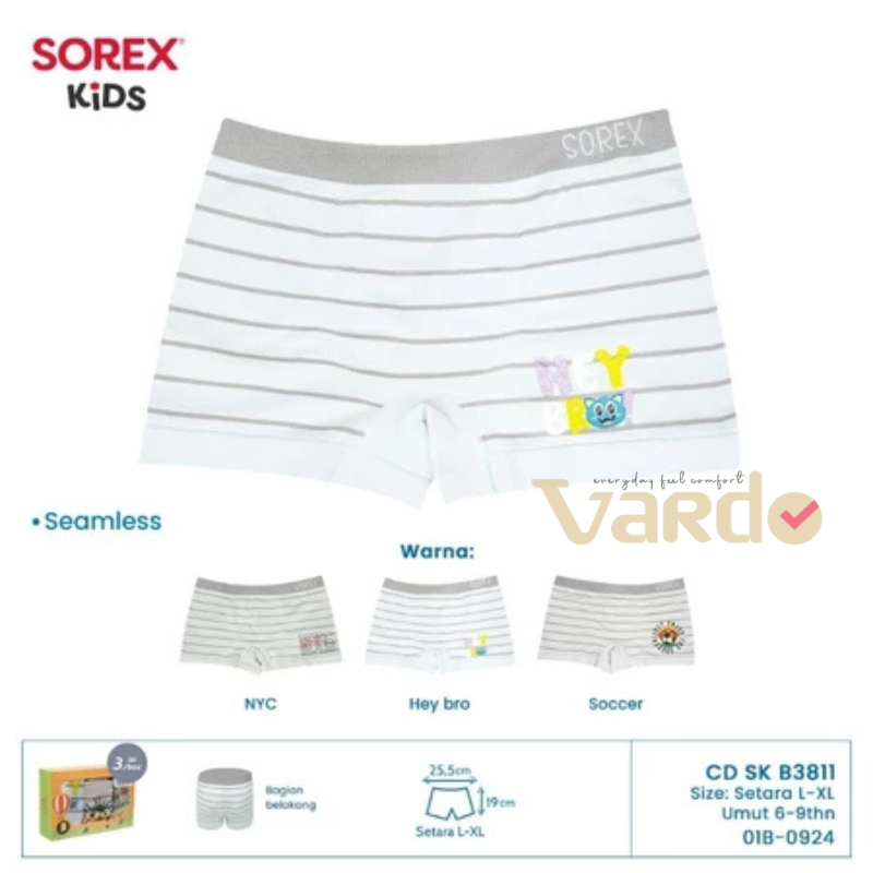 (1 Kotak 3 Pcs) Sorex Kids Boxer Anak Laki Usia 5-7 Tahun SK B 3811 Celana Dalam Anak Laki Seamless