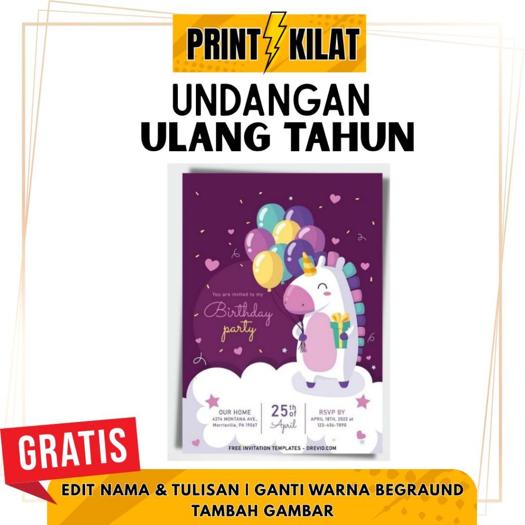 undangan ulang tahun anak tema unicorn