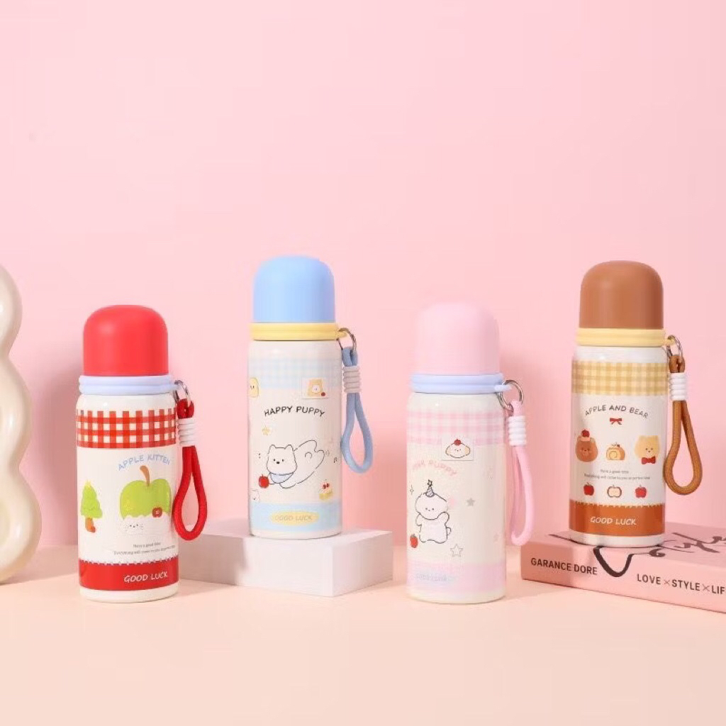 Botol Termos Stainless Tahan Panas & Dingin Motif Lucu 600ml + Box dan Gantungan | Botol Minum