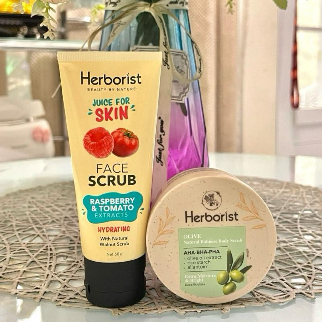 PAKET Herborist Face Scrub Raspberry&Tomato 60 gr + Herborist Olive Natural Balinese Body Scrub AHA-