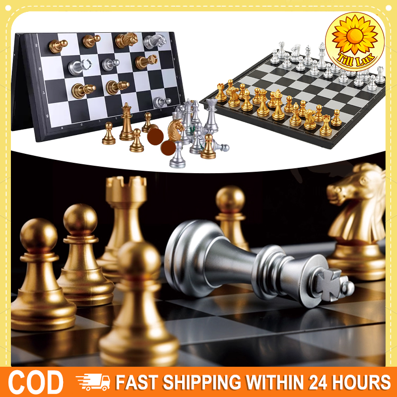 Papan Catur Magnet 25x25cm - Lipat, 32 Bidak Emas/Perak Juga Bisa Digunakan sebagai Permainan Puzzle