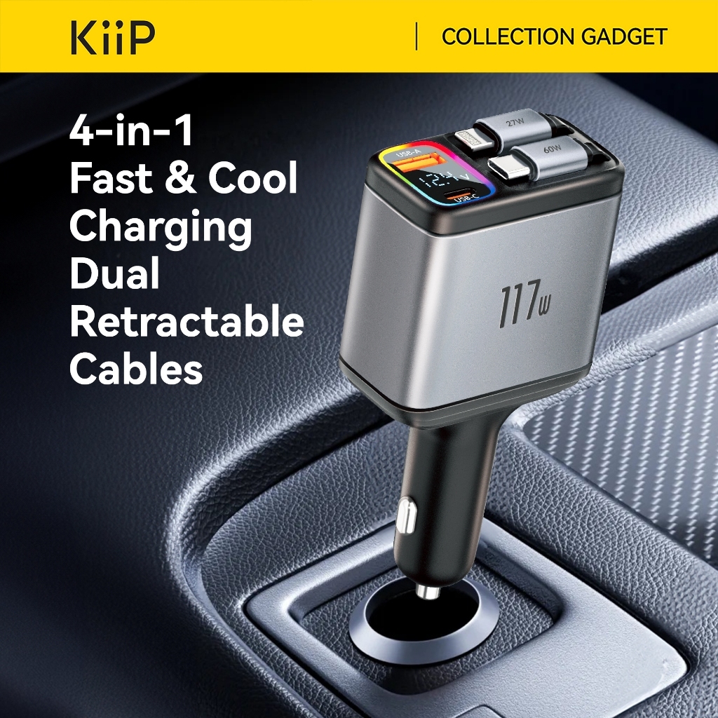 KiiP SC18 Car Charger 4 in 1 Super Fast Charging PD 117W Charger Mobil Built-in Rectractable Cable T