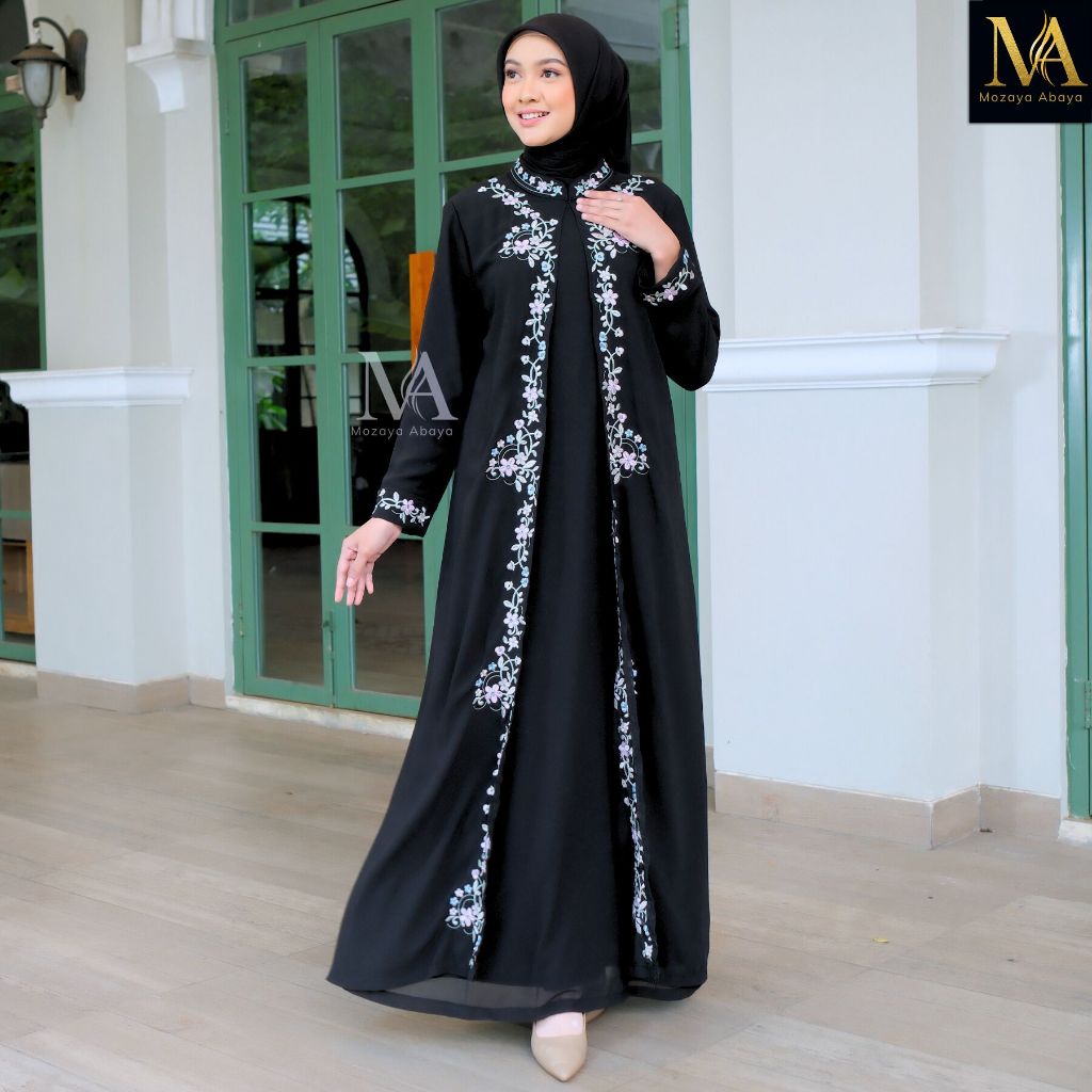 Mozaya Abaya - Baju Gamis Hitam Wanita Kekinian Dress Abaya Warna Hitam Bordir Bunga Terbaru 158